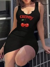 Womens Cherry Print Sleeveless Bodycon Dress Round Neck Casual Summer Mini Dress