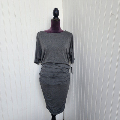 NWT Boston Proper Woman's Charcoal Gray 3/4 Sleeve Rouched Dress Polyester Sz S
