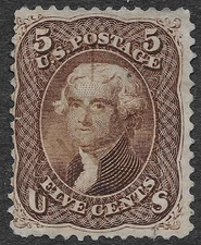 MMK Philately: US Scott #76 Used Light Red Pen Cancel 5c Jefferson SCV $125