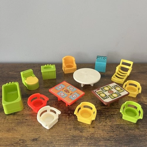 Vintage Fisher Price Little People Furniture Green Bathroom Tables Chairs Washer