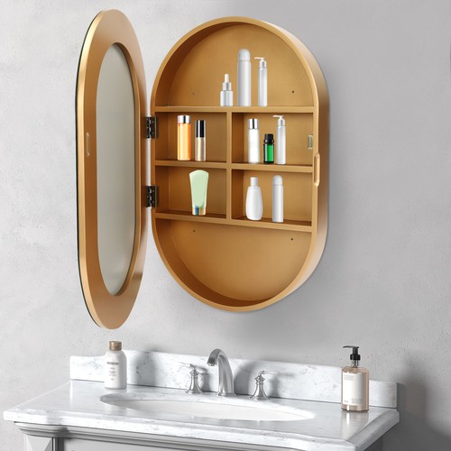 Medicine Cabinet Bathroom Mirror Cabinet Storage Shelves 20"x31" Wood Frame Gold - Picture 2 of 23