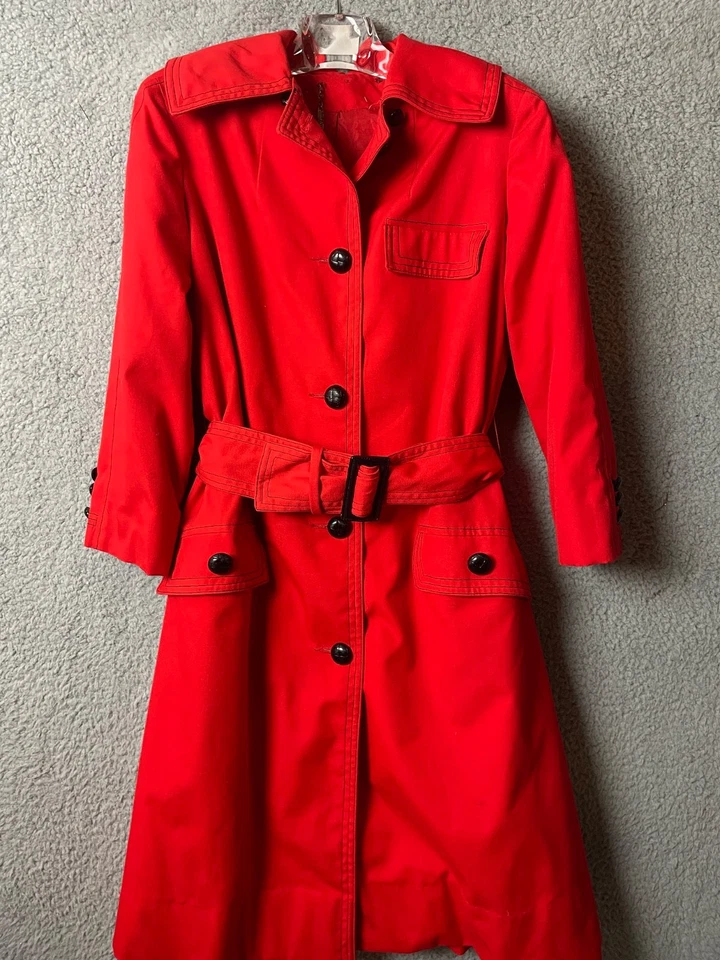 Vintage Junior Accent Red S/M Belted Trench Coat Cape Overlay 60s Retro Mod VTG - Image 3 of 4