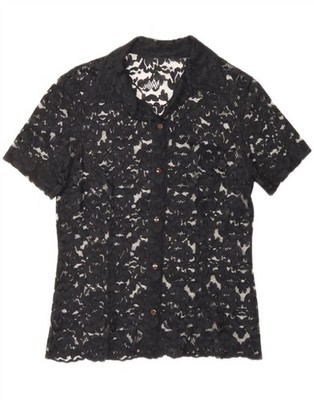 VINTAGE Damen Kurzarm Shirt Bluse UK 14 Medium schwarz Blumenmuster O201