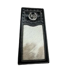 Men’s Long Leather Wallet – Hand Tooled Brown Rodeo Bifold with Hair-On Cowhi...