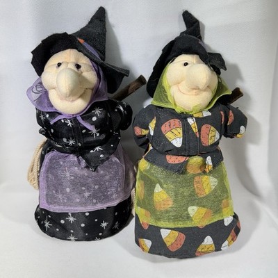 Vintage Halloween Witch Plush Broom Plush 11  Stuffed Doll Lot Of 2 Candy Corn