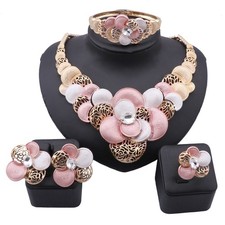 Women's Floral Crystal Jewelry Set Necklace Earrings Ring Gold Plated Party Gift
