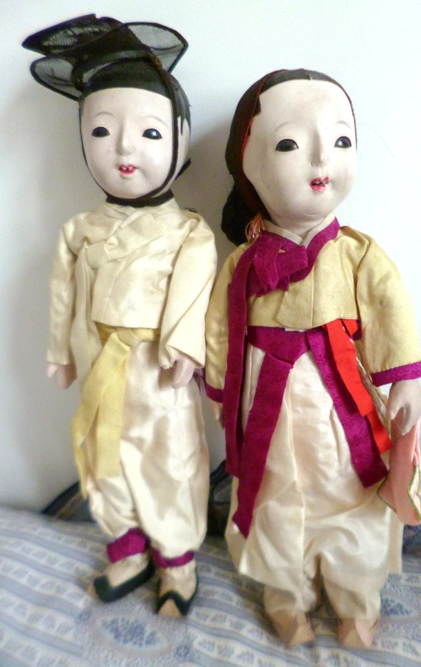 RARE ANCIEN COUPLE  POUPEES CHINOISES /ASIATIQUES avec  POUET  31 cm - Photo 2/4