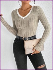 Women Slim Knit Long Sleeve V-Neck Casual Top Pullover Autumn Winter