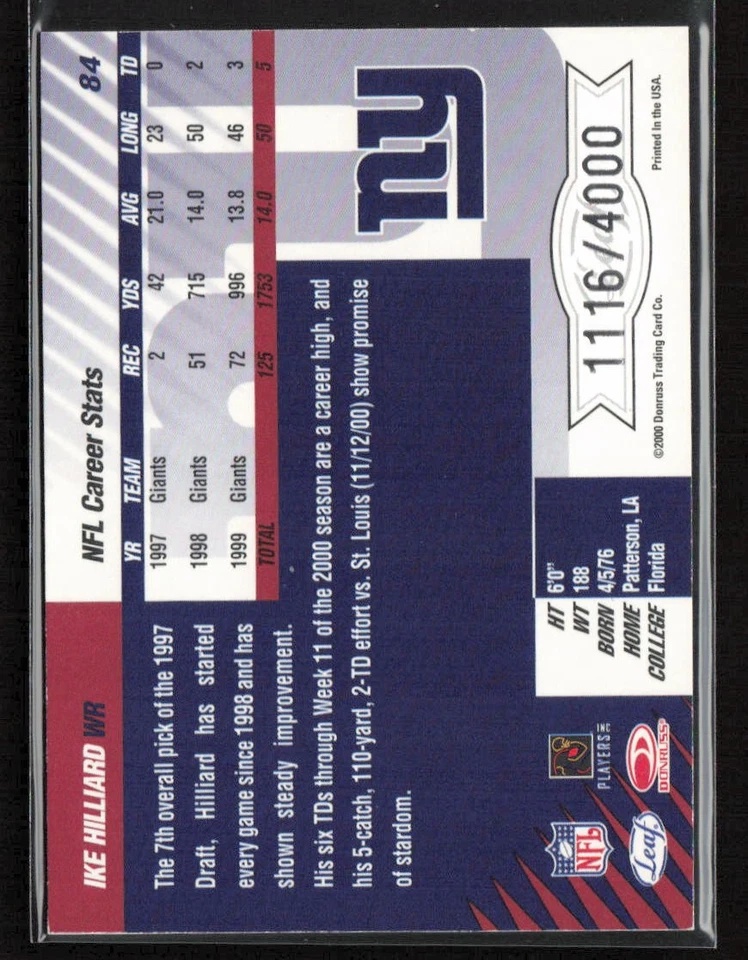 Ike Hilliard 2000 Leaf Limited #84 /4000 New York Giants - Image 2 of 2
