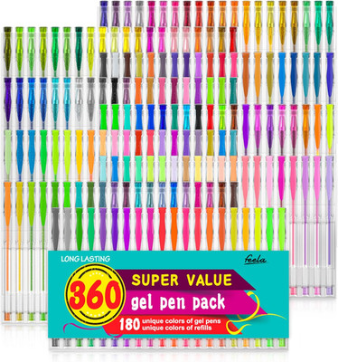 360 Colors Gel Pens Set 180 Unique Gel Pen plus 180 Refills for Adult Coloring B