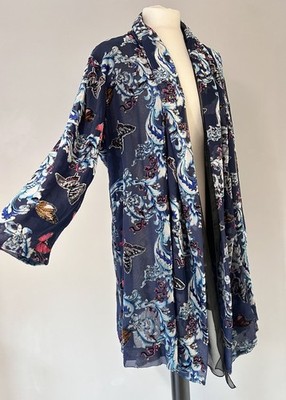 Dreamkeeper blau rosa Schmetterling Devore Staubtuch Kimono Jacke Mantel L XL neu mit Etikett Mängel