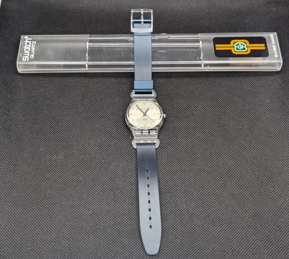 Swatch Vintage Quartz Watch Transparent Case Blue Strap 24-Hour Dial Fully - Image 2 of 4