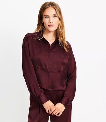 Loft Burgundy Minimalist Satin Modern Bib Shirt
