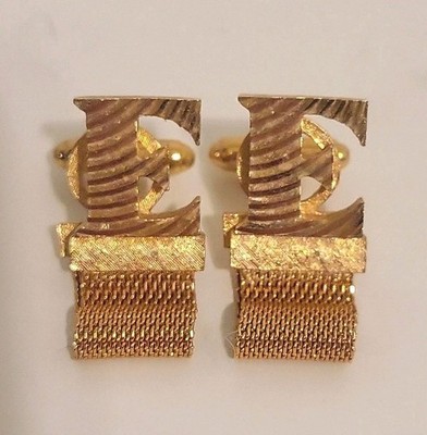 Vintage DANTE Mens Elegant Goldtone Wrap Around Mesh Letter ''E'' CUFF LINK SET 