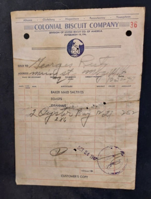 1947 Advertising Invoice Colonial Biscuit Company Pittsburgh Saltines Oyster Bay