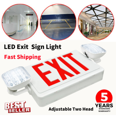 Hard-Wired Exit Sign - Plastic with Emergency Lights,Red Letters,120/277V,UL 924
