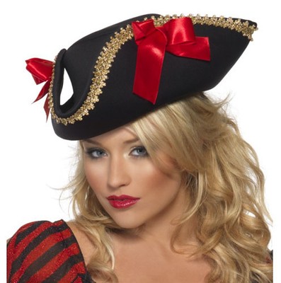 Womens Pirate Hat Black Gold Tricorn 