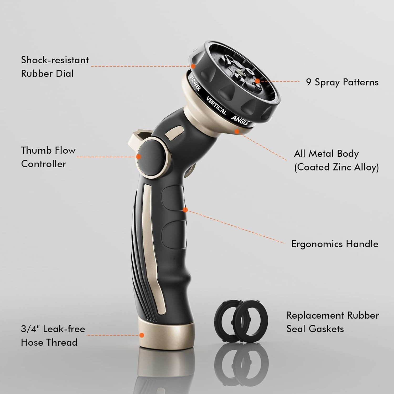 Hose Nozzle Heavy Duty, Metal Water Hose Sprayer for Garden, 9 Spray Patterns | 