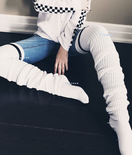 Long Loose Thigh High Slouch Socks 70" Over The Knee White Ribbed Knit Boot 51" - Picture 19 of 24