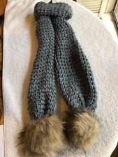 SCARF SMOKE GRAY KNIT LONG WITH FUR POMS 72 IN BRAND NEW