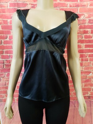 Vanessa Bruno Sleeveless Navy Blue Silk Crepe Size 3 (L)Ruffled Women's Top #C