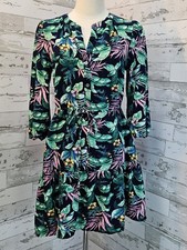 Loft Palm Henley Flounce Shirtdress Small Belted 3/4 Sleeves Green Tropical