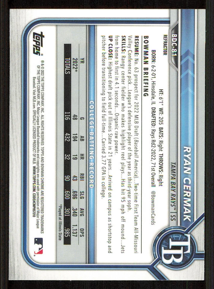 2022 Bowman Chrome Draft Refractors #BDC81 Ryan Cermak - Image 2 of 2
