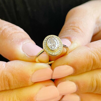 14K Yellow Gold Oval F1 Moissanite And Natural Round Diamond Engagement Ring 1.2