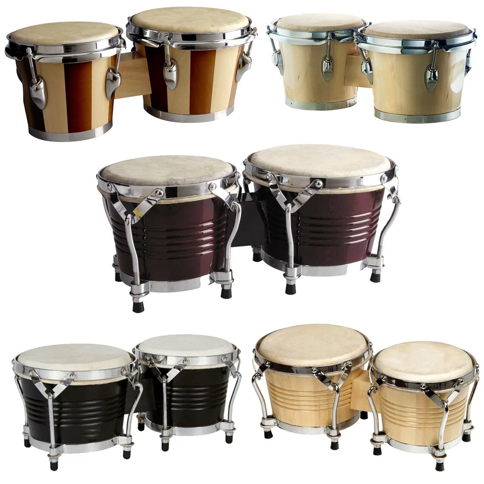 Chase Wooden Bongo Drums Tuneable Natural Skins 7.5" & 6.5" - Chrome Hardware