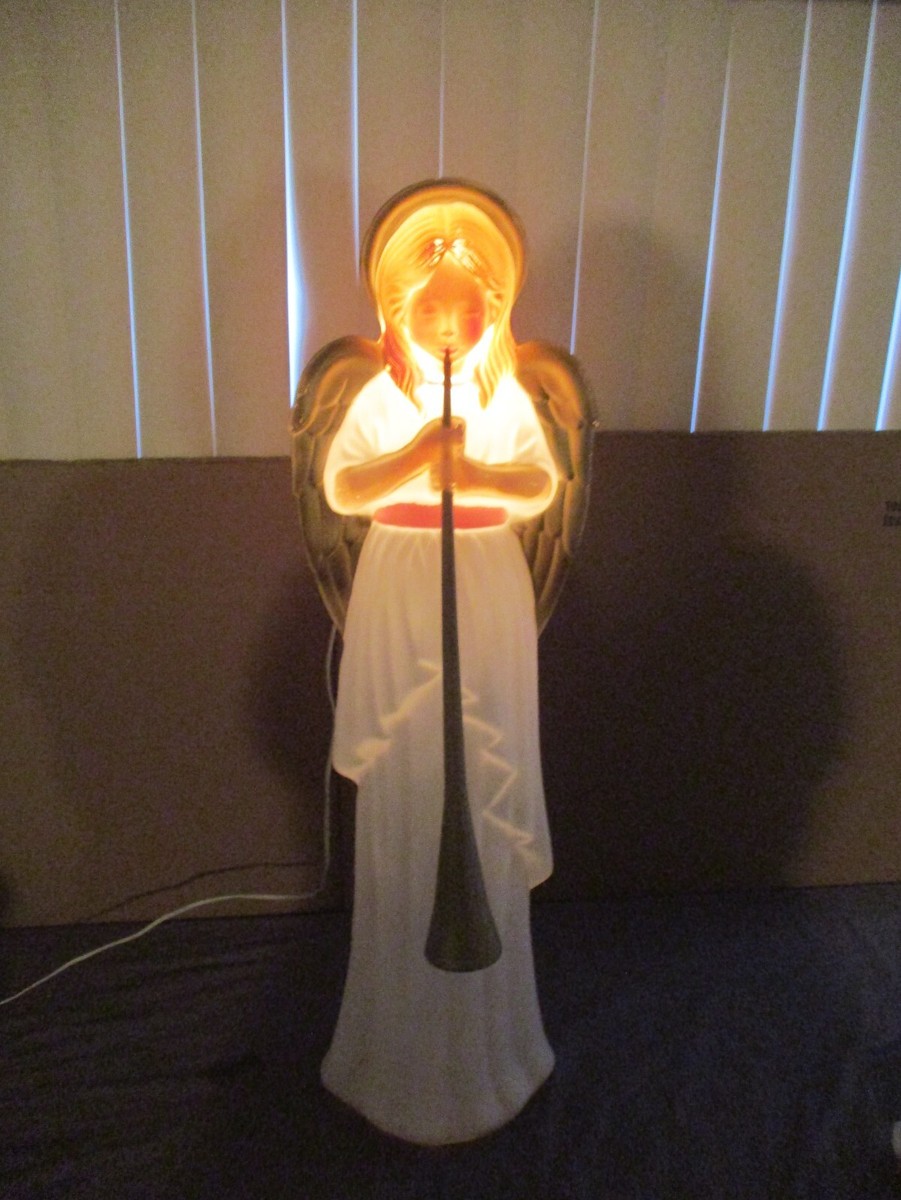 Vtg Angel with Horn & Pink Sash Blonde Hair Lighted Christmas Blow