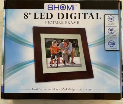 SHOMI 8'' LED DIGITAL FRAME - DARK WOOD FRAME - SD & MMC READER - CLOCK - USB