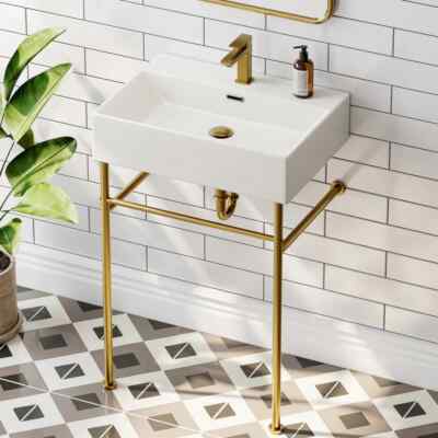 24'' Console Bathroom Sink, Free Standing Chrome Steel Support Pedestal Legs Gold
