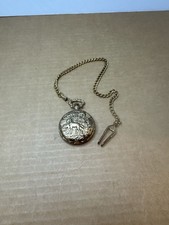 VTG Calvin Hill Quartz Pocket Watch with Hunter and Dog Scene Cover & Chain