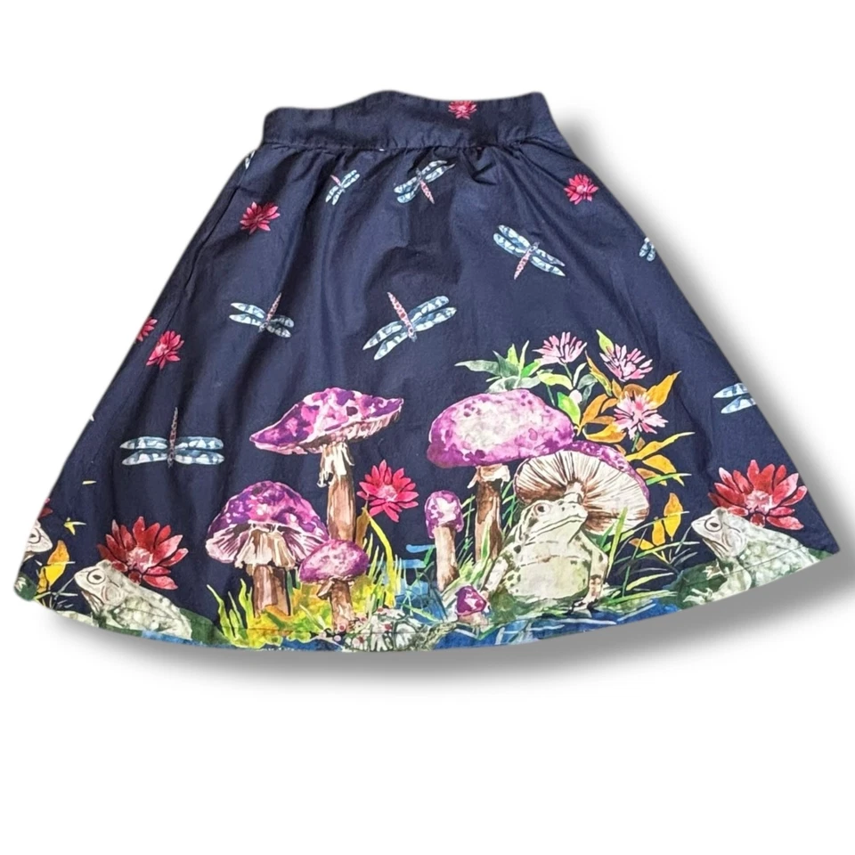 ModCloth Skirt Frogs Mushrooms Dragonflies Animal Print A-line Size Small Navy - Image 3 of 4