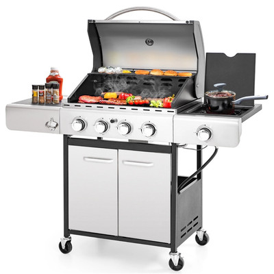 Stainless Steel 4-Burner Propane Gas Grill with Side Burner for Outdoor Cooking 
