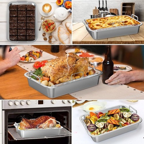 Durable Stainless Steel Roasting Pan W/ U Rack Deep Handles Easy Cleaning New - 第 9/9 張圖片