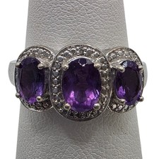 925 Sterling Silver Amethyst Ring Size 7.5 Three Stone Gift