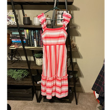J.CREW Pink White Striped Ruffle Square Neck Midi Sundress Lined Zip Size 2