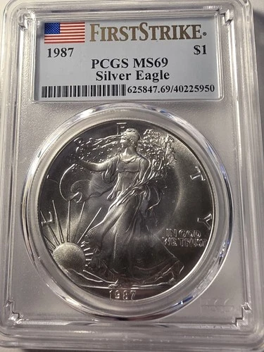 1987 Silver Eagle PCGS MS69 First Strike  BLAST WHITE GEM 2nd Year-Flag Label