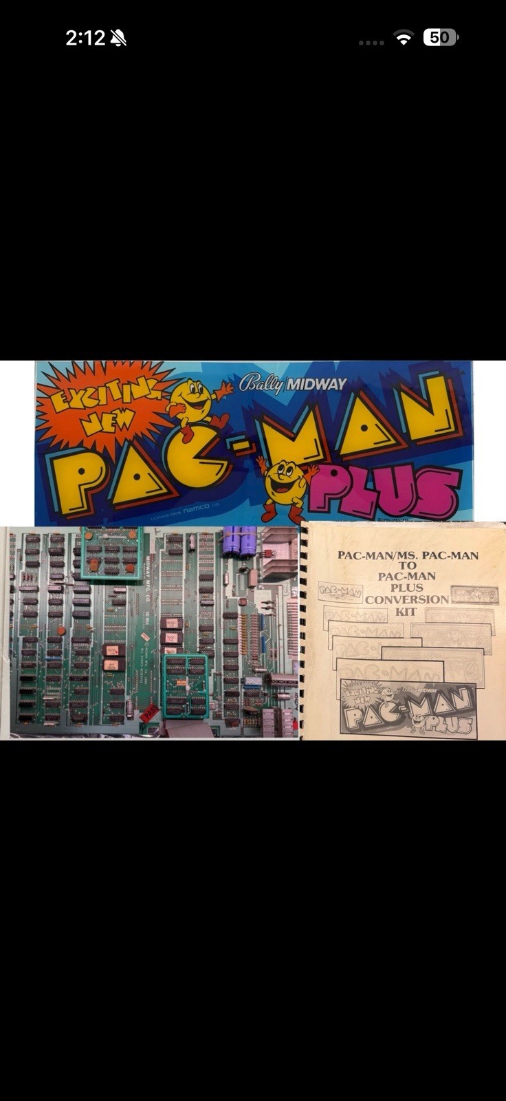 Complete Pac-Man Plus Arcade Kit with Fully Restored PCB, Marque, and Manual
