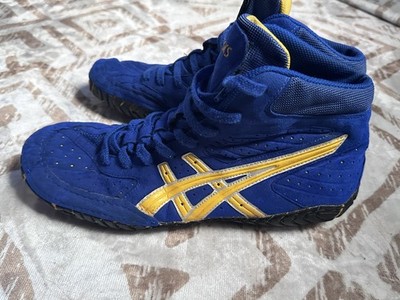 asics aggressor wrestling shoes blue and yellow men s 12