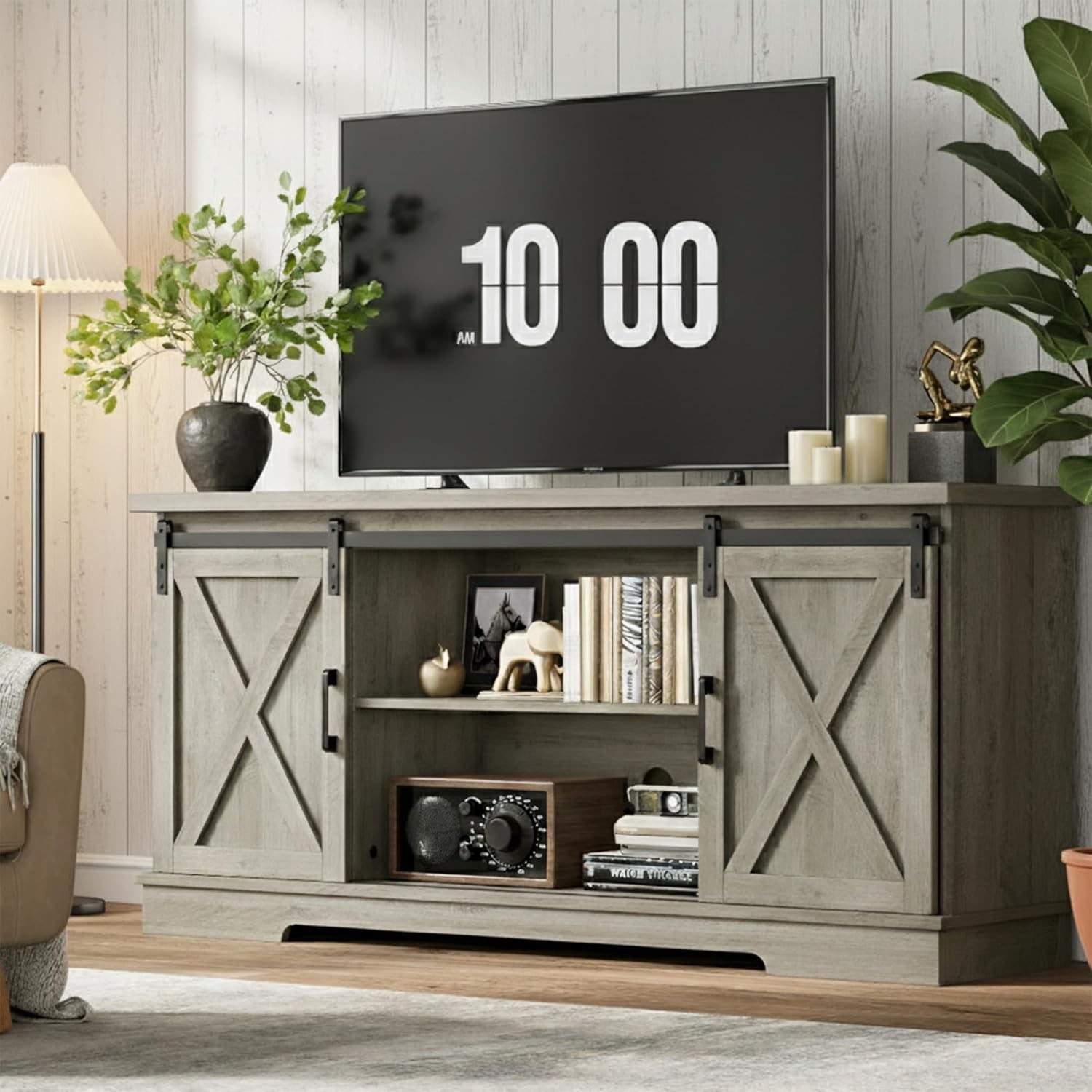 For 65" Tvs W/ Barn Sliding Doors & Adjustable Shelves Fit L