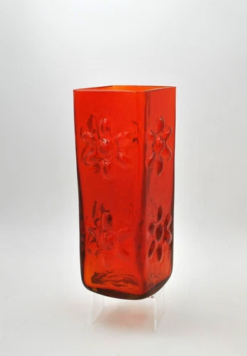 Vintage Blenko Glass Daisy Vase #6115M - Solid Tangerine Sandblast Signature