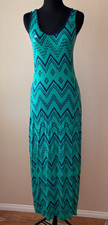 Love Tree Maxi Dress Large Teal Tribal Print Sleeveless Open Back Stretch Boho