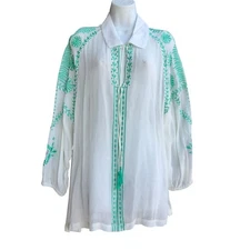 ROJA Boho Peasant Tunic Top Women's XL White with Green Embroidery V-Neck Blouse