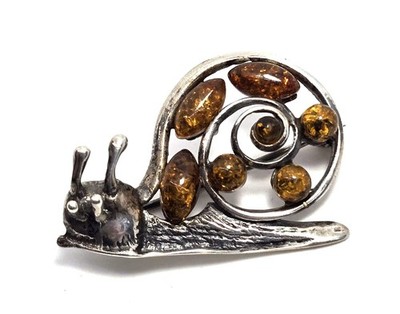 Baltic amber garden snail shell vintage Polish sterling silver brooch