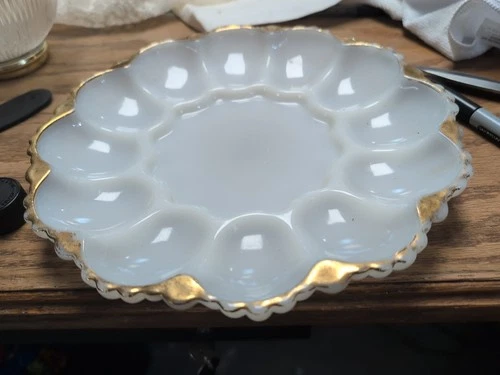 Vintage Anchor Hocking Milk Glassdeviled Egg Serving Platter W/ 22kt. Gold Trim