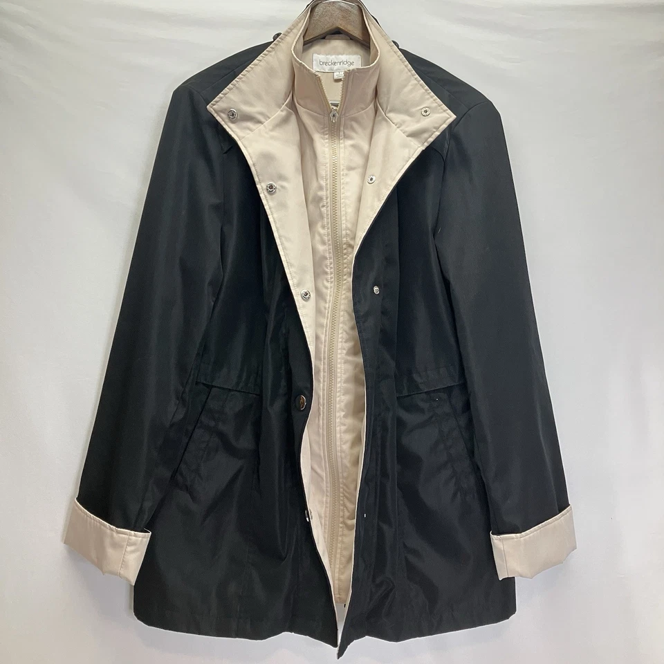 Breckenridge Womens Black & Tan Funnel Neck Mid Length Lined Zip Jacket Coat L - Image 2 of 4