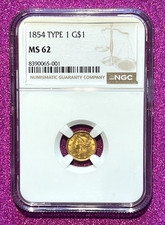 🇺🇸 1854 Type 1 Gold Dollar $1 – NGC MS62 – Certified U.S. Gold Coin 🇺🇸