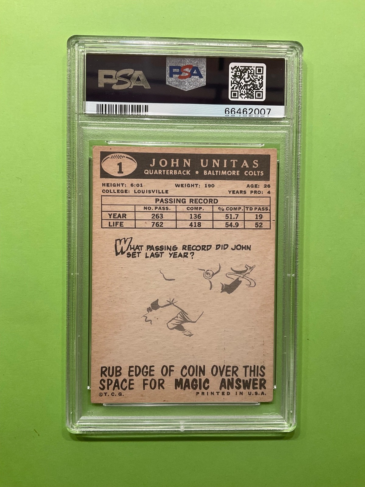 Johnny Unitas 1959 Topps Football Card #1 - Baltimore Colts - PSA 4 view 2